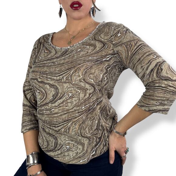 90's tan trippy swirl camo cotton blend scoop neck semi sheer blouse by FRESH - Picture 5 of 16